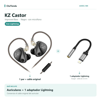 KZ CASTOR IMPROVED BASS, Negro · con micrófono: auriculares con cable original más un adaptador Essager Lightning a 3,5 mm. Composición de imágenes del catálogo.