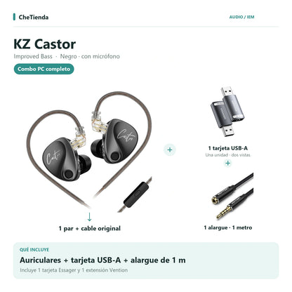 KZ CASTOR IMPROVED BASS, Negro · con micrófono: auriculares con cable original, una tarjeta de sonido Essager USB-A a 3,5 mm y una extensión Vention de un metro; la tarjeta se muestra en dos vistas de una unidad. Composición de imágenes del catálogo.
