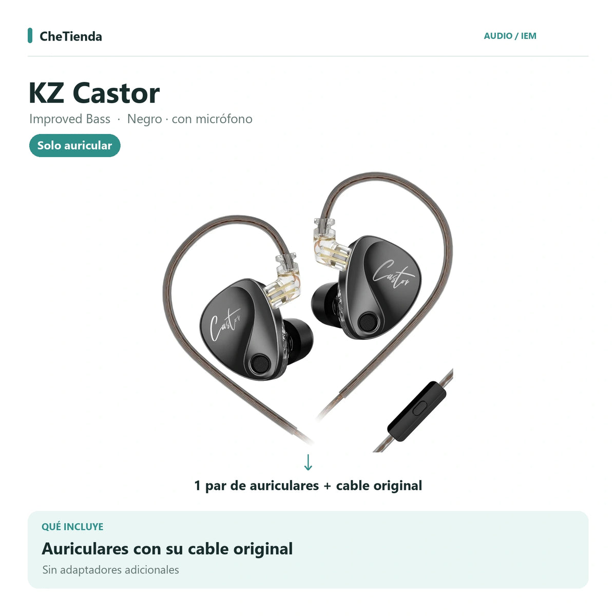 KZ CASTOR IMPROVED BASS, Negro · con micrófono: auriculares con cable original, sin adaptadores adicionales. Composición de imágenes del catálogo.