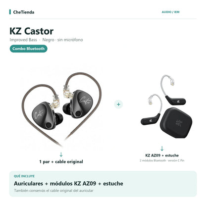 KZ CASTOR IMPROVED BASS, Negro · sin micrófono: auriculares con cable original más dos módulos KZ AZ09 C Pin y su estuche de carga. Composición de imágenes del catálogo.