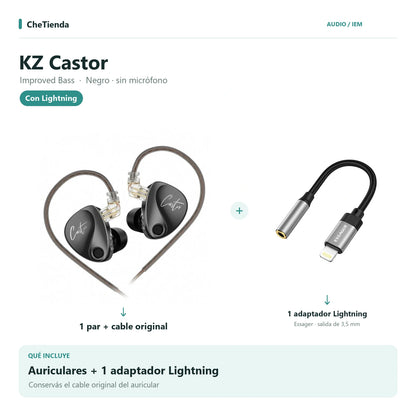 KZ CASTOR IMPROVED BASS, Negro · sin micrófono: auriculares con cable original más un adaptador Essager Lightning a 3,5 mm. Composición de imágenes del catálogo.
