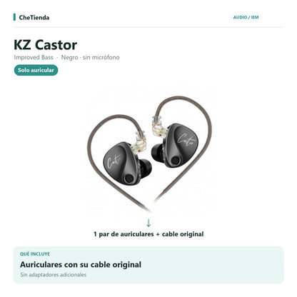 KZ CASTOR IMPROVED BASS, Negro · sin micrófono: auriculares con cable original, sin adaptadores adicionales. Composición de imágenes del catálogo.