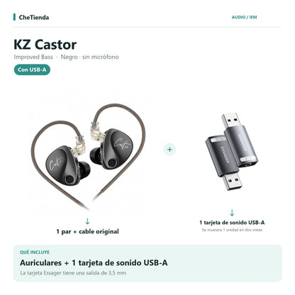 KZ CASTOR IMPROVED BASS, Negro · sin micrófono: auriculares con cable original más una tarjeta de sonido Essager USB-A a 3,5 mm; la tarjeta se muestra en dos vistas de una unidad. Composición de imágenes del catálogo.