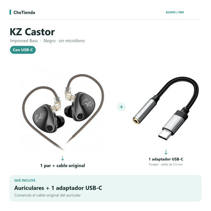KZ CASTOR IMPROVED BASS, Negro · sin micrófono: auriculares con cable original más un adaptador Essager USB-C a 3,5 mm. Composición de imágenes del catálogo.