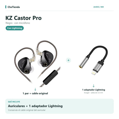KZ CASTOR PRO, Negro · con micrófono: auriculares con cable original más un adaptador Essager Lightning a 3,5 mm. Composición de imágenes del catálogo.