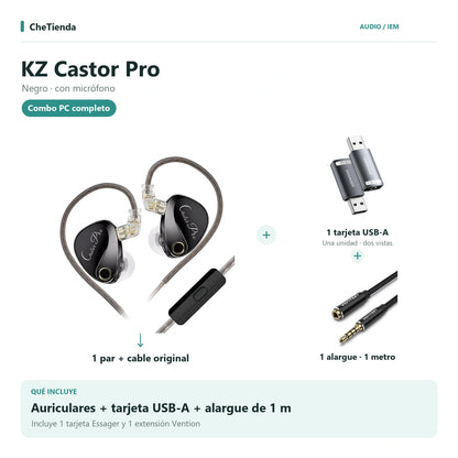 KZ CASTOR PRO, Negro · con micrófono: auriculares con cable original, una tarjeta de sonido Essager USB-A a 3,5 mm y una extensión Vention de un metro; la tarjeta se muestra en dos vistas de una unidad. Composición de imágenes del catálogo.