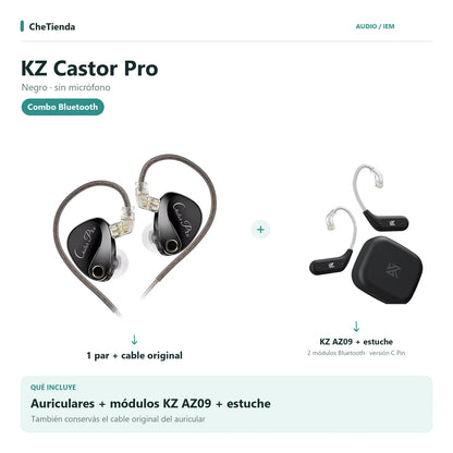 KZ CASTOR PRO, Negro · sin micrófono: auriculares con cable original más dos módulos KZ AZ09 C Pin y su estuche de carga. Composición de imágenes del catálogo.