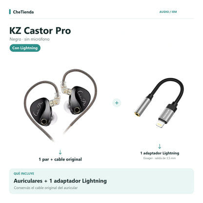 KZ CASTOR PRO, Negro · sin micrófono: auriculares con cable original más un adaptador Essager Lightning a 3,5 mm. Composición de imágenes del catálogo.