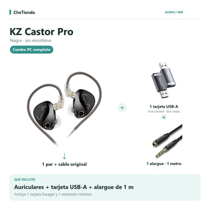KZ CASTOR PRO, Negro · sin micrófono: auriculares con cable original, una tarjeta de sonido Essager USB-A a 3,5 mm y una extensión Vention de un metro; la tarjeta se muestra en dos vistas de una unidad. Composición de imágenes del catálogo.