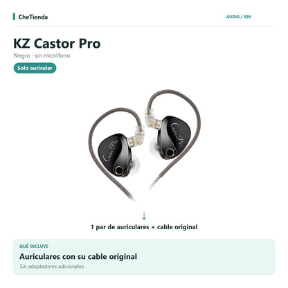 KZ CASTOR PRO, Negro · sin micrófono: auriculares con cable original, sin adaptadores adicionales. Composición de imágenes del catálogo.