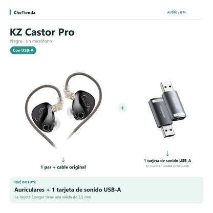 KZ CASTOR PRO, Negro · sin micrófono: auriculares con cable original más una tarjeta de sonido Essager USB-A a 3,5 mm; la tarjeta se muestra en dos vistas de una unidad. Composición de imágenes del catálogo.