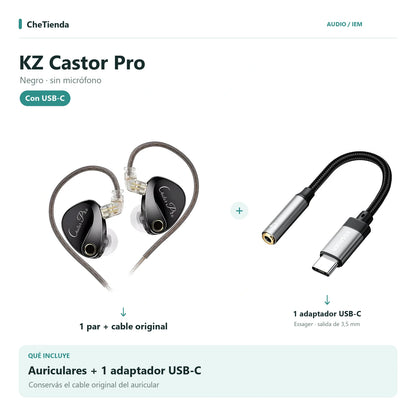 KZ CASTOR PRO, Negro · sin micrófono: auriculares con cable original más un adaptador Essager USB-C a 3,5 mm. Composición de imágenes del catálogo.