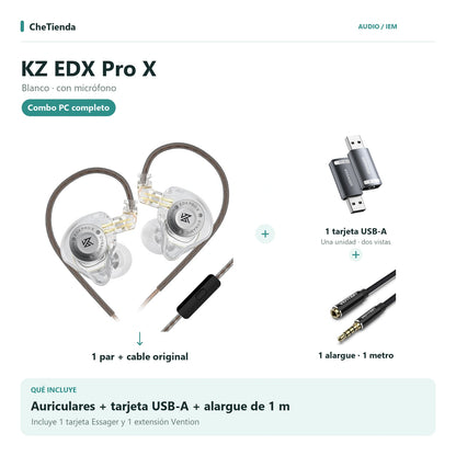 KZ EDX PRO X, Blanco · con micrófono: auriculares con cable original, una tarjeta de sonido Essager USB-A a 3,5 mm y una extensión Vention de un metro; la tarjeta se muestra en dos vistas de una unidad. Composición de imágenes del catálogo.