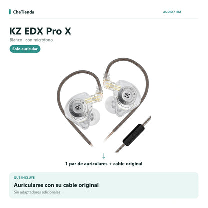 KZ EDX PRO X, Blanco · con micrófono: auriculares con cable original, sin adaptadores adicionales. Composición de imágenes del catálogo.