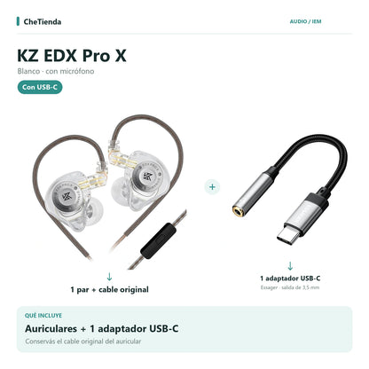 KZ EDX PRO X, Blanco · con micrófono: auriculares con cable original más un adaptador Essager USB-C a 3,5 mm. Composición de imágenes del catálogo.