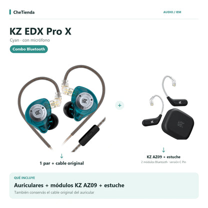 KZ EDX PRO X, Cyan · con micrófono: auriculares con cable original más dos módulos KZ AZ09 C Pin y su estuche de carga. Composición de imágenes del catálogo.