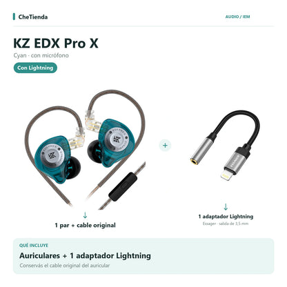 KZ EDX PRO X, Cyan · con micrófono: auriculares con cable original más un adaptador Essager Lightning a 3,5 mm. Composición de imágenes del catálogo.