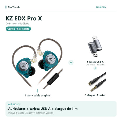 KZ EDX PRO X, Cyan · con micrófono: auriculares con cable original, una tarjeta de sonido Essager USB-A a 3,5 mm y una extensión Vention de un metro; la tarjeta se muestra en dos vistas de una unidad. Composición de imágenes del catálogo.