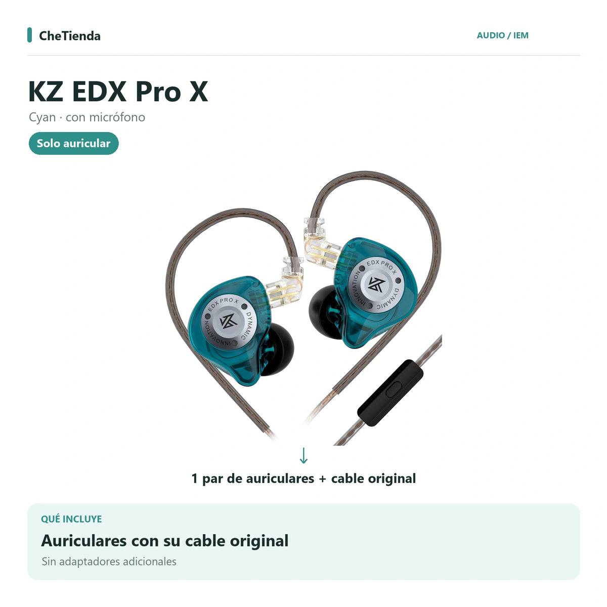 KZ EDX PRO X, Cyan · con micrófono: auriculares con cable original, sin adaptadores adicionales. Composición de imágenes del catálogo.