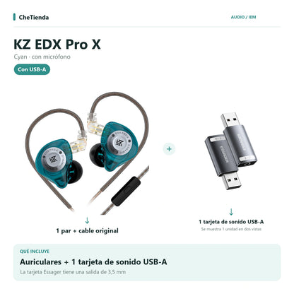 KZ EDX PRO X, Cyan · con micrófono: auriculares con cable original más una tarjeta de sonido Essager USB-A a 3,5 mm; la tarjeta se muestra en dos vistas de una unidad. Composición de imágenes del catálogo.