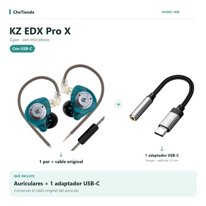 KZ EDX PRO X, Cyan · con micrófono: auriculares con cable original más un adaptador Essager USB-C a 3,5 mm. Composición de imágenes del catálogo.