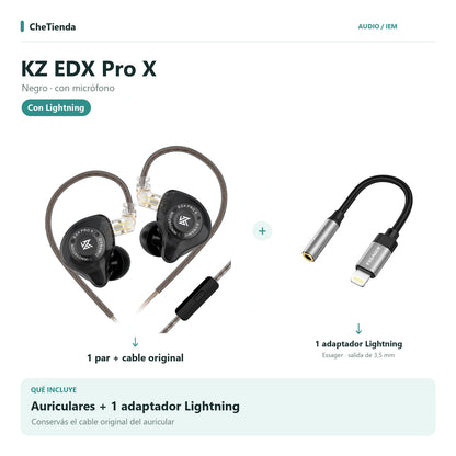 KZ EDX PRO X, Negro · con micrófono: auriculares con cable original más un adaptador Essager Lightning a 3,5 mm. Composición de imágenes del catálogo.
