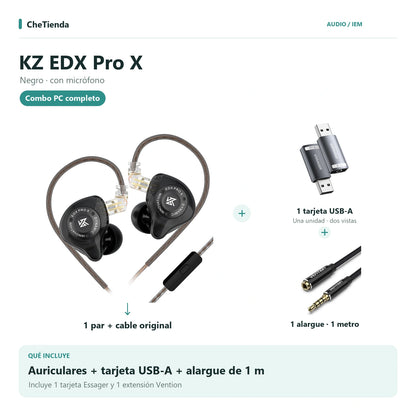 KZ EDX PRO X, Negro · con micrófono: auriculares con cable original, una tarjeta de sonido Essager USB-A a 3,5 mm y una extensión Vention de un metro; la tarjeta se muestra en dos vistas de una unidad. Composición de imágenes del catálogo.
