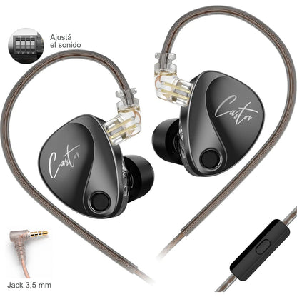 KZ Castor Improved Bass con cable con micrófono, detalle del jack de 3,5 mm y de los interruptores de ajuste.