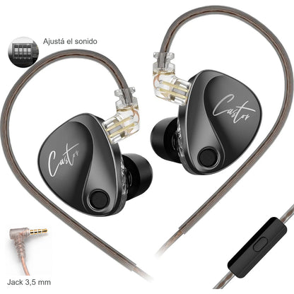 KZ Castor Improved Bass con cable con micrófono, detalle del jack de 3,5 mm y de los interruptores de ajuste.
