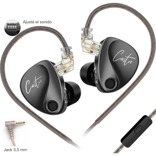 KZ Castor Improved Bass con cable con micrófono, detalle del jack de 3,5 mm y de los interruptores de ajuste.