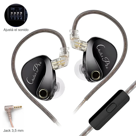 KZ Castor Pro, con micrófono: foto original sobre fondo blanco con detalle real del conector jack de 3,5 mm y acercamiento de los cuatro switches de ajuste de sonido.