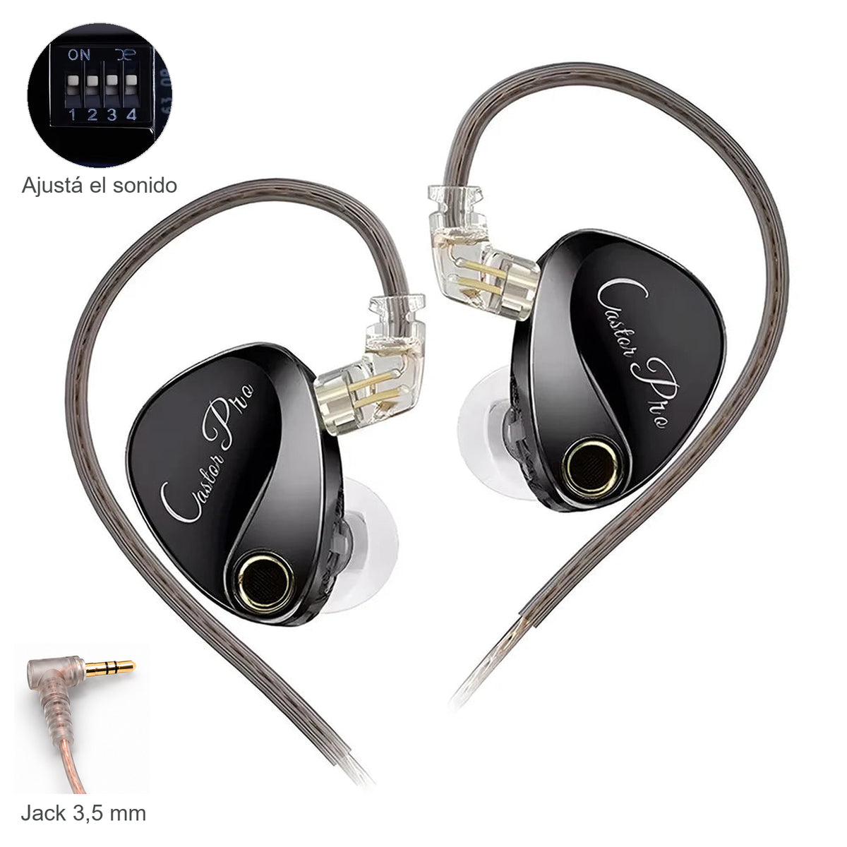 KZ Castor Pro, sin micrófono: foto original sobre fondo blanco con detalle real del conector jack de 3,5 mm y acercamiento de los cuatro switches de ajuste de sonido.