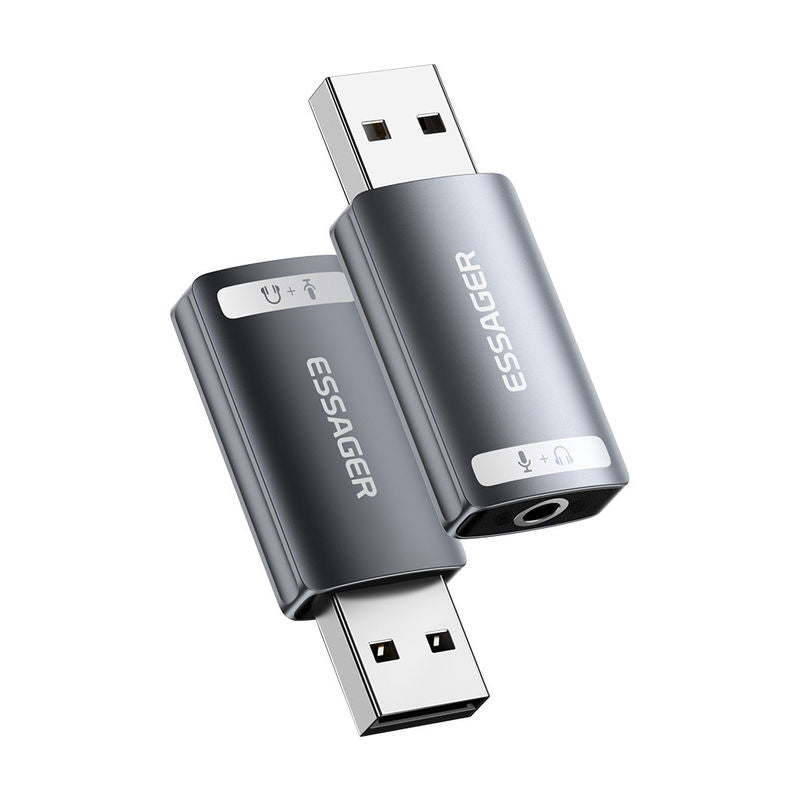 Tarjeta de sonido Essager USB-A a un puerto de 3,5 mm, dos vistas de una unidad